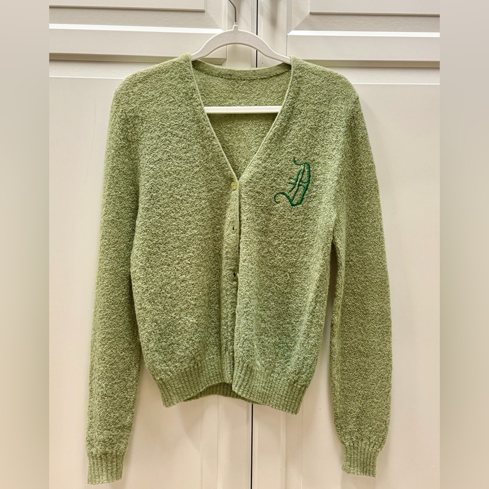 1950s Sage Green Women's Cardigan Sweater Monogram D - V neck Very Good Cond.